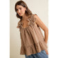 GINGHAM FLORAL APPLIQUE TIERD SLEEVELESS BLOUSE TOP: BROWN / M