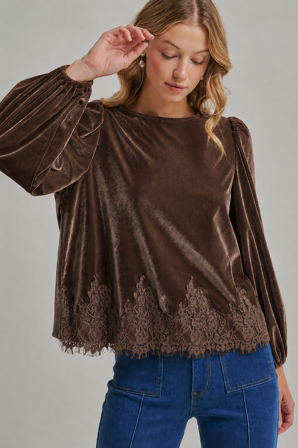 ROMANTIC HOLIDAY VELVET BLOUSE TOP _JLT00304-02: BROWN / S-M-L(2-2-2)