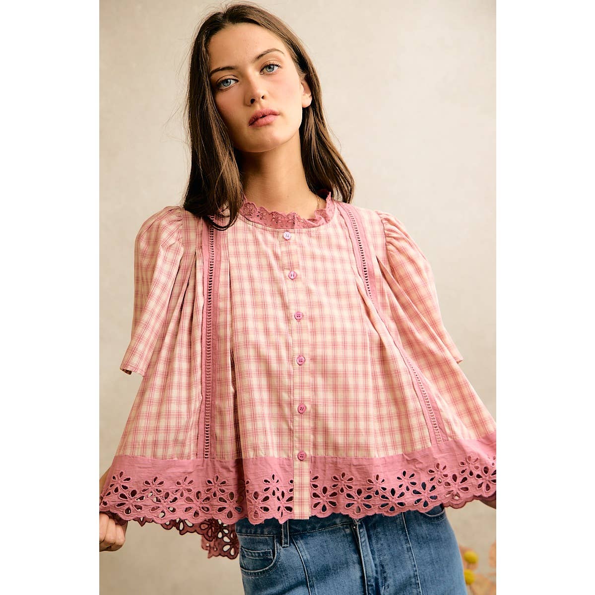 COTTON CHECK LACE TRIM FLUTTER SLEEVES BLOUSE TOP: BROWN / L