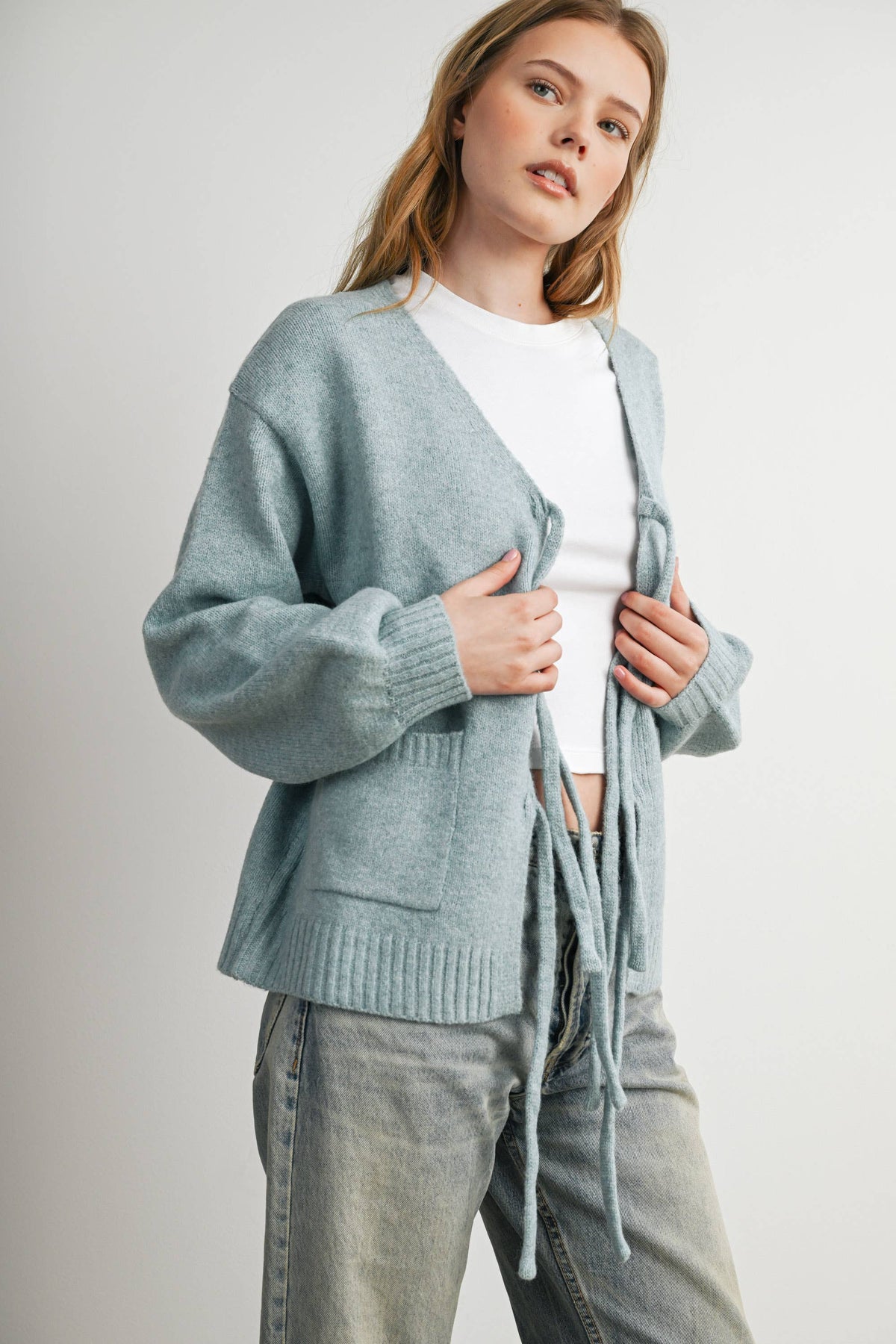 Knot Front Long Sleeve V-Neck Cardigan - BMC7914: TAUPE / M