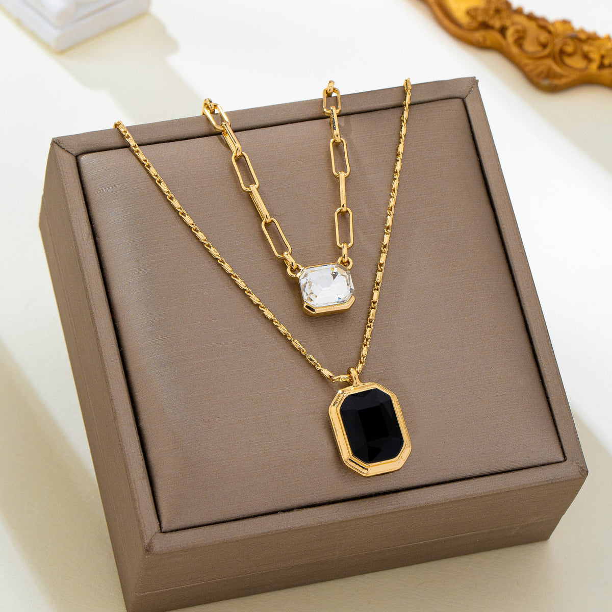Layered Paperclip Chain Double Gemstone Necklace | 80N93798: GOLD