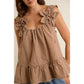 GINGHAM FLORAL APPLIQUE TIERD SLEEVELESS BLOUSE TOP: BROWN / M