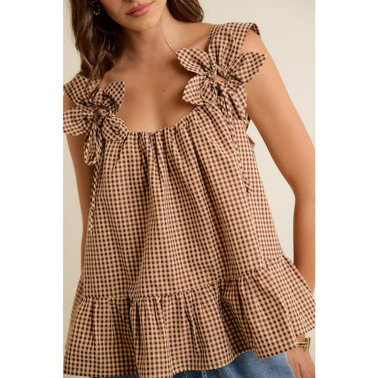 GINGHAM FLORAL APPLIQUE TIERD SLEEVELESS BLOUSE TOP: BROWN / M