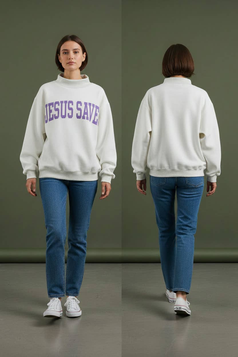 IT2594-CROSS | 'CROSS &JESUS SAVES' Reversible Sweatshirt: Ash grey / S/M-L/XL (3-3)