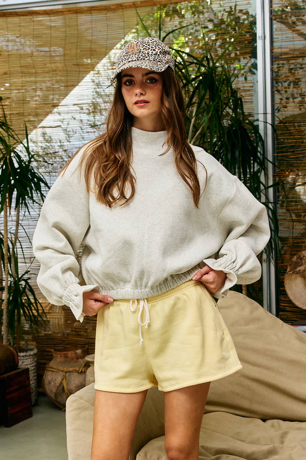 IT2995 Ruffled cuff Detail Mock-neck Crop Terry Sweatshirt: LAVENDER / S-M-L (2-2-2)