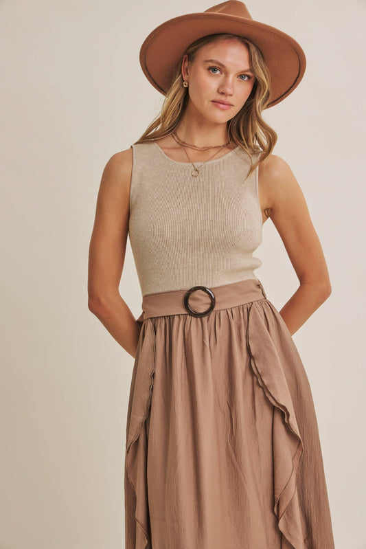 RUSTIC WEEKEND TWOFER MAXI DRESS WITH CASCADING RUFFLES: COCONUT BROWN / S