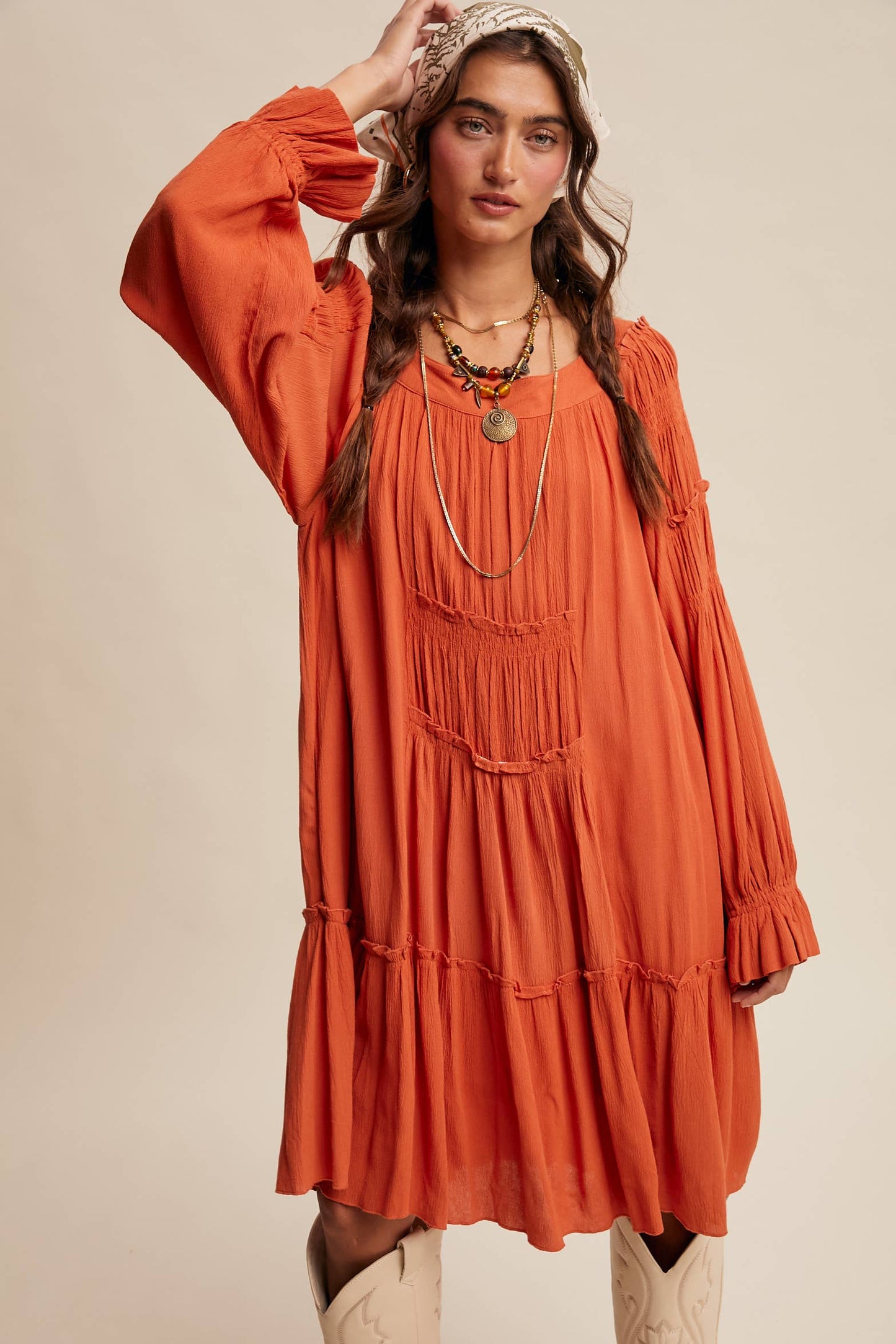 Rust Smocked Tiered Dress