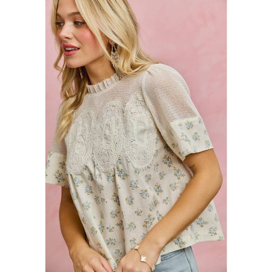 FLORAL PRINT LACE TRIM COTTON BLOUSE TOP: BLUE / S