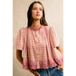 COTTON CHECK LACE TRIM FLUTTER SLEEVES BLOUSE TOP: BROWN / L