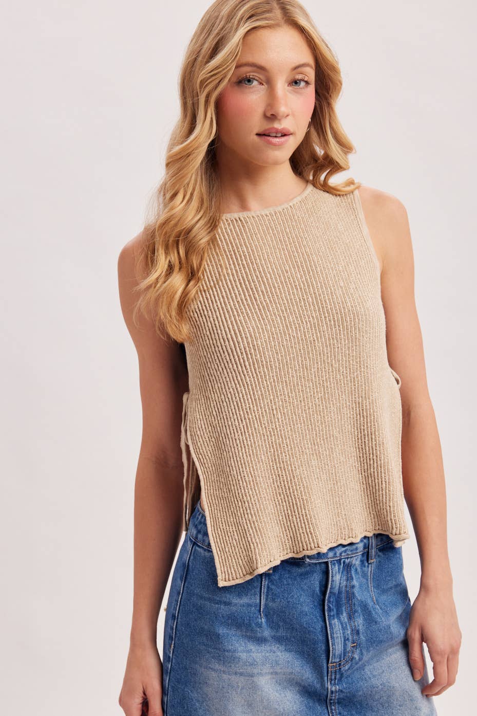 Beige Ribbed Tie Tank