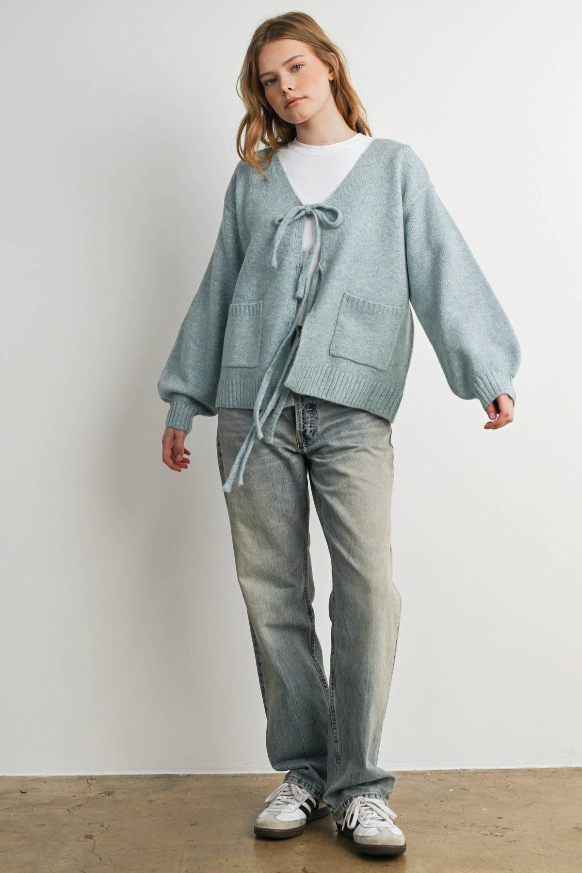 Knot Front Long Sleeve V-Neck Cardigan - BMC7914: TAUPE / S