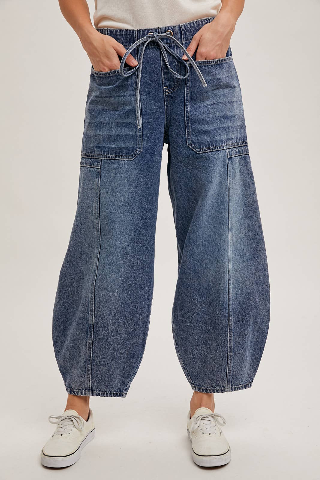 DENIM MID-WAIST DRAWSTRINGS BARREL JEANS: LT.WASH / S