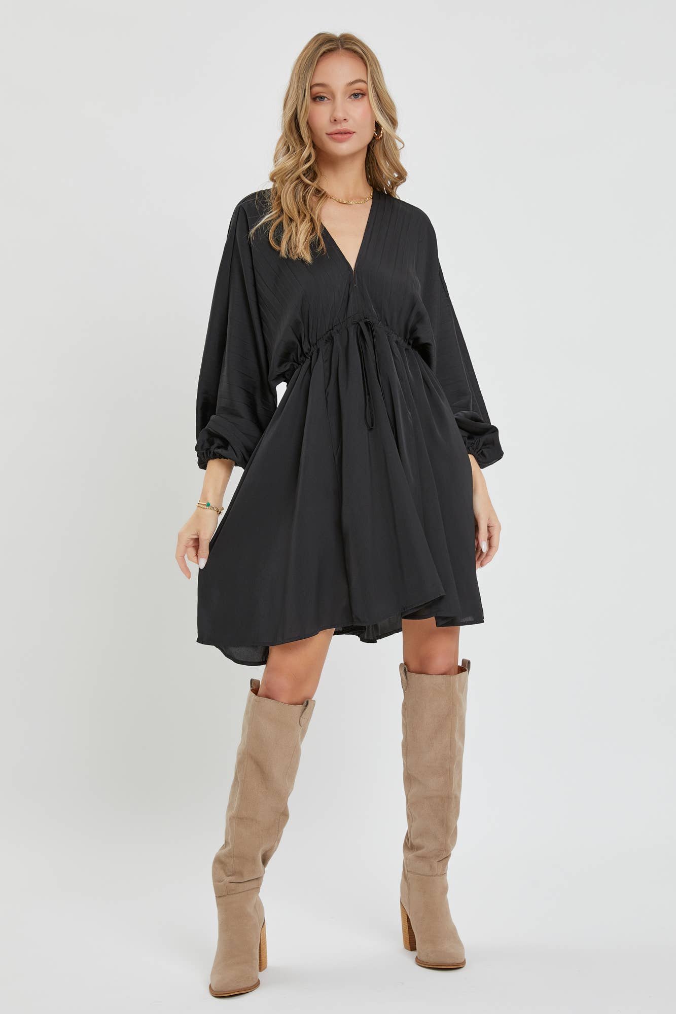 Black Satin V Neck Dress
