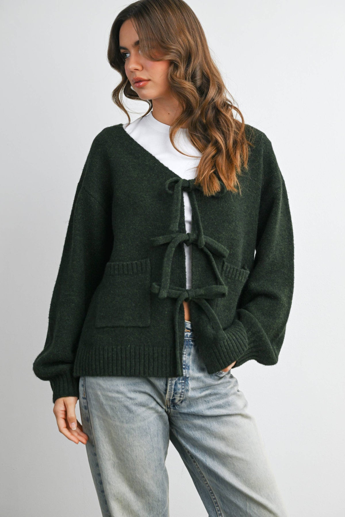 Knot Front Long Sleeve V-Neck Cardigan - BMC7914: TAUPE / M