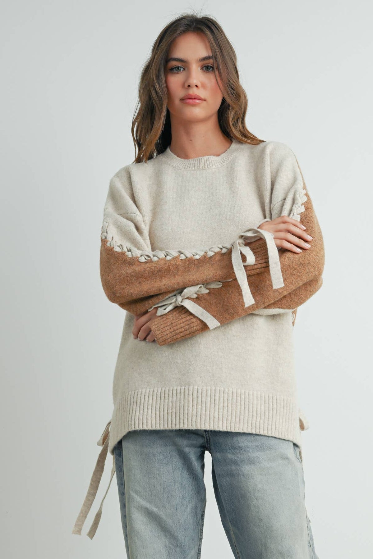 Crew Neck Long Sleeve Pullover Sweater - BMW7587: TAUPE MULTI / S