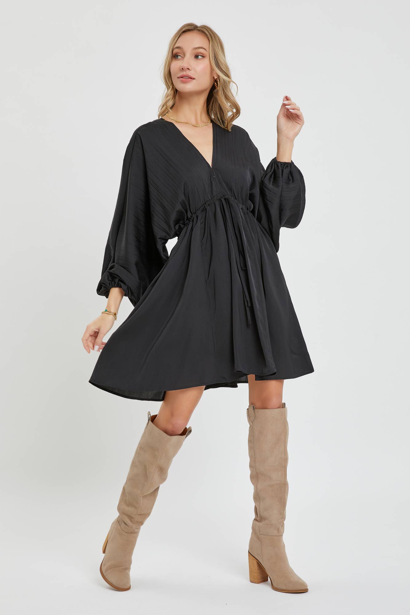 Black Satin V Neck Dress