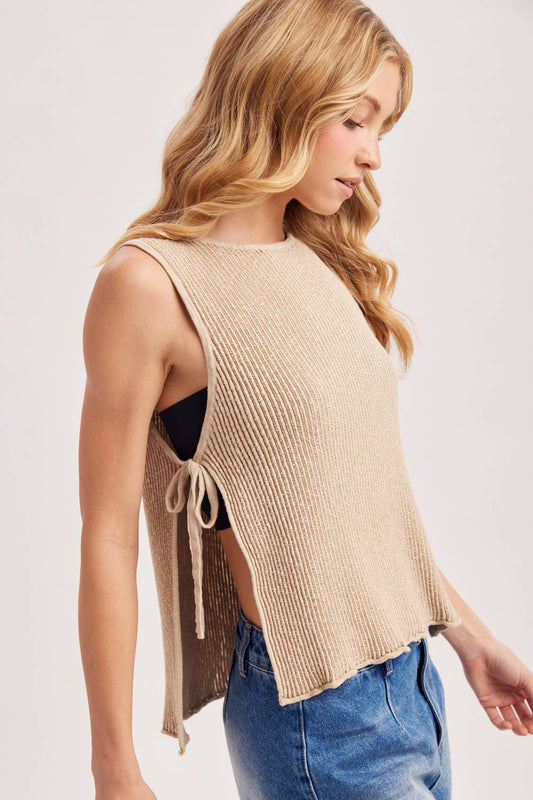 Beige Ribbed Tie Tank