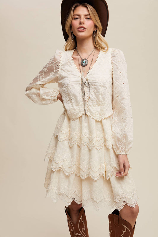 Ecru Tiered Scallop Mini Dress