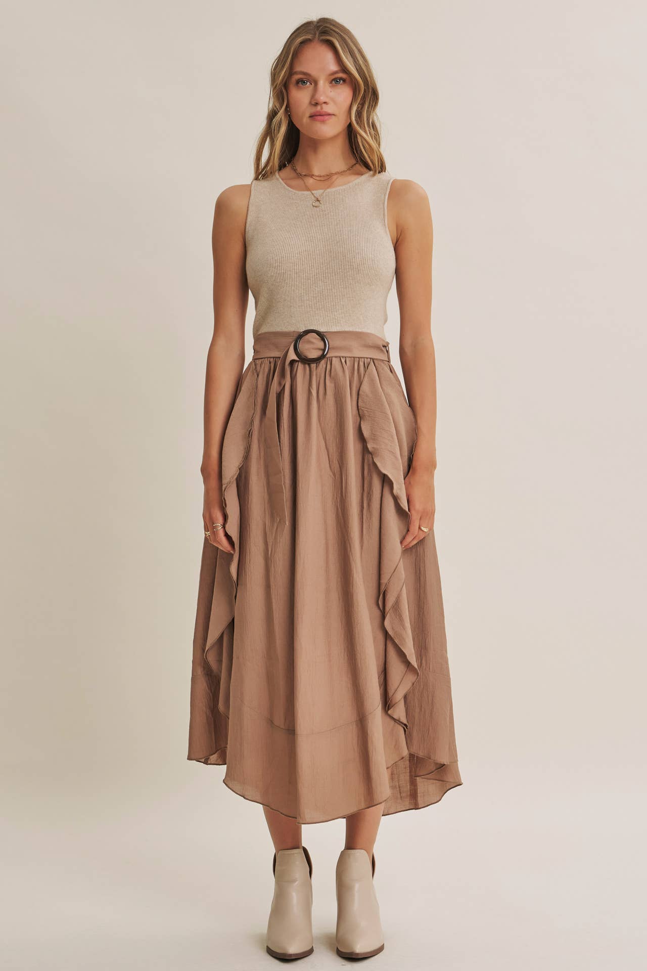 RUSTIC WEEKEND TWOFER MAXI DRESS WITH CASCADING RUFFLES: COCONUT BROWN / S