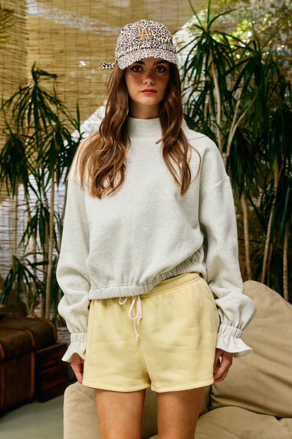 IT2995 Ruffled cuff Detail Mock-neck Crop Terry Sweatshirt: LAVENDER / S-M-L (2-2-2)