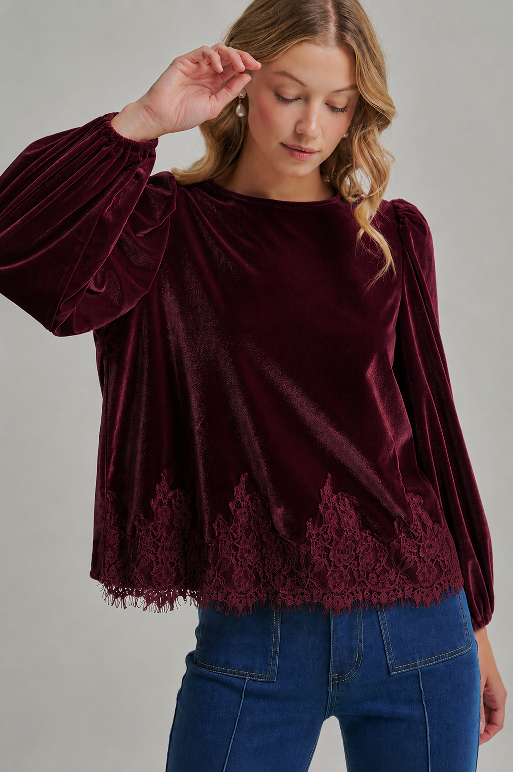 ROMANTIC HOLIDAY VELVET BLOUSE TOP _JLT00304-02: HUNTER / S-M-L(2-2-2)