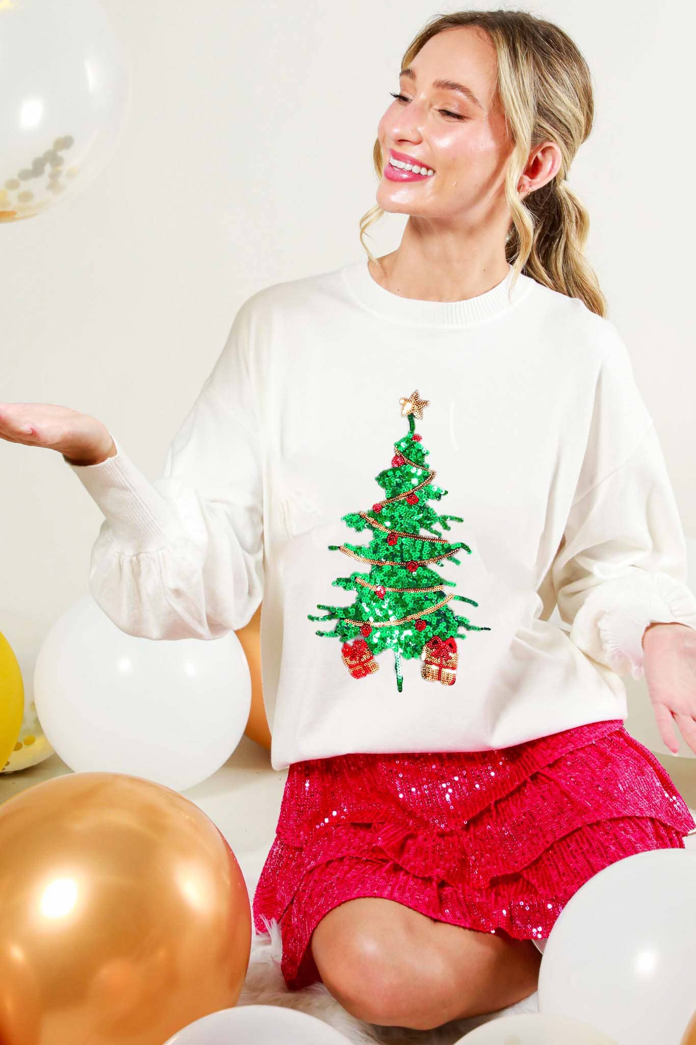 Christmas Tree Sequin Accent Knitted Sweater VT81484G: PINK / S