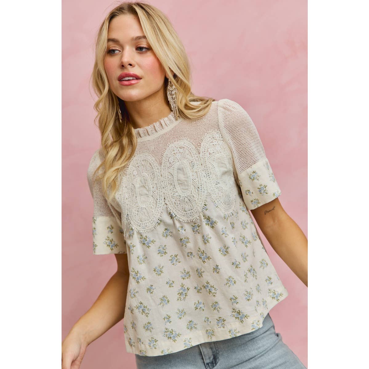 FLORAL PRINT LACE TRIM COTTON BLOUSE TOP: BLUE / S