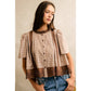 COTTON CHECK LACE TRIM FLUTTER SLEEVES BLOUSE TOP: BROWN / L