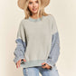 LESW3192 - FRAYED DENIM SLEEVE SWEATER TOP: BLUSH / S-M-L(2-2-2)