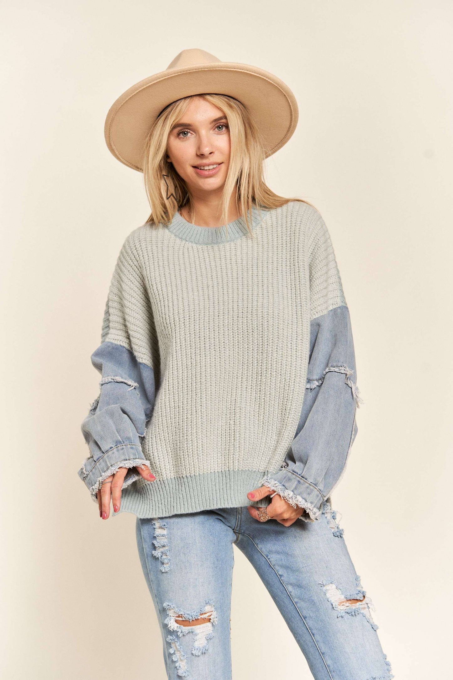 LESW3192 - FRAYED DENIM SLEEVE SWEATER TOP: BLUSH / S-M-L(2-2-2)