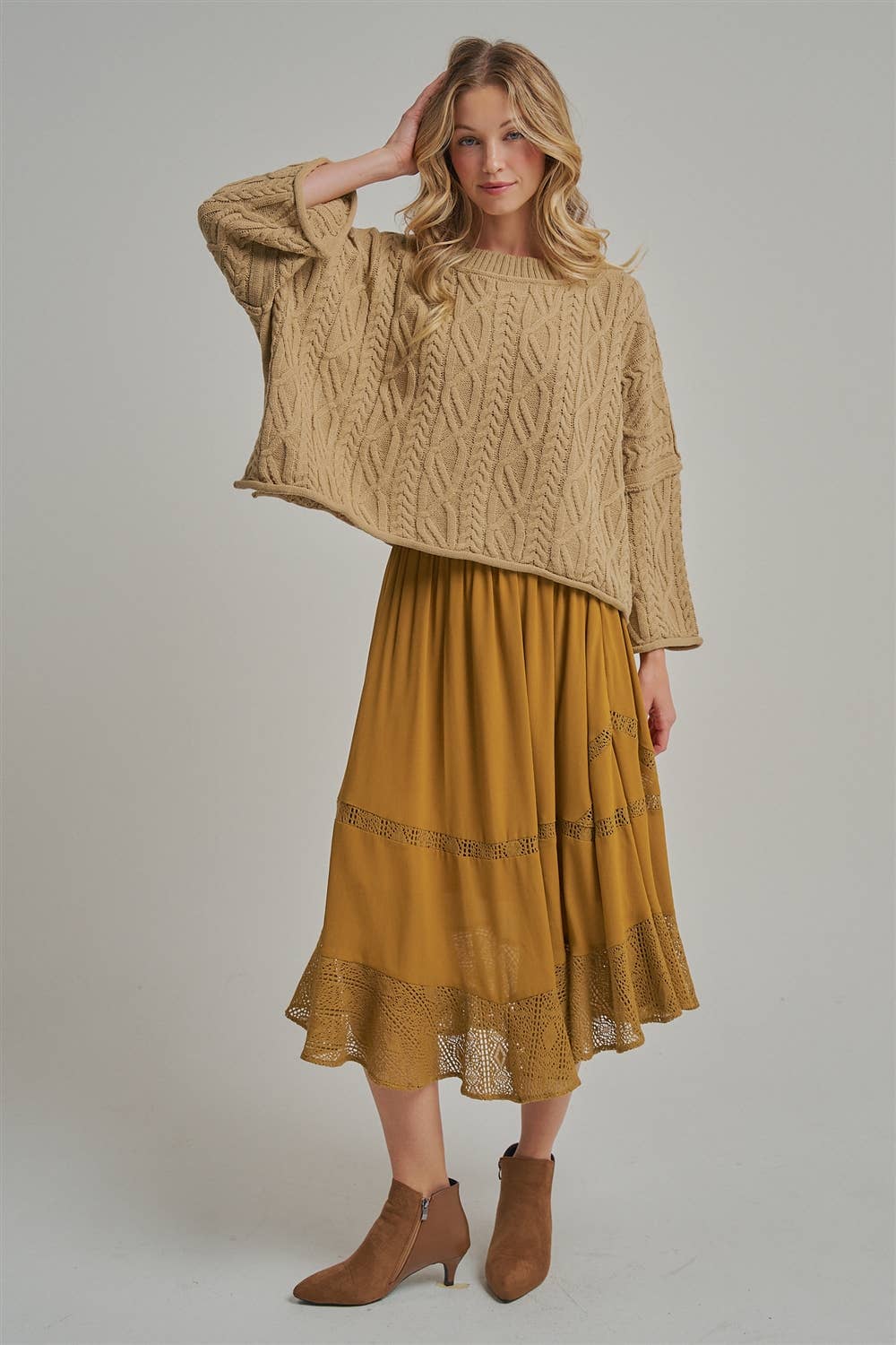 CRINKLED WOVEN BOHO MIDI SKIRT _JLB80101-01: OLIVE / S-M-L(2-2-2)
