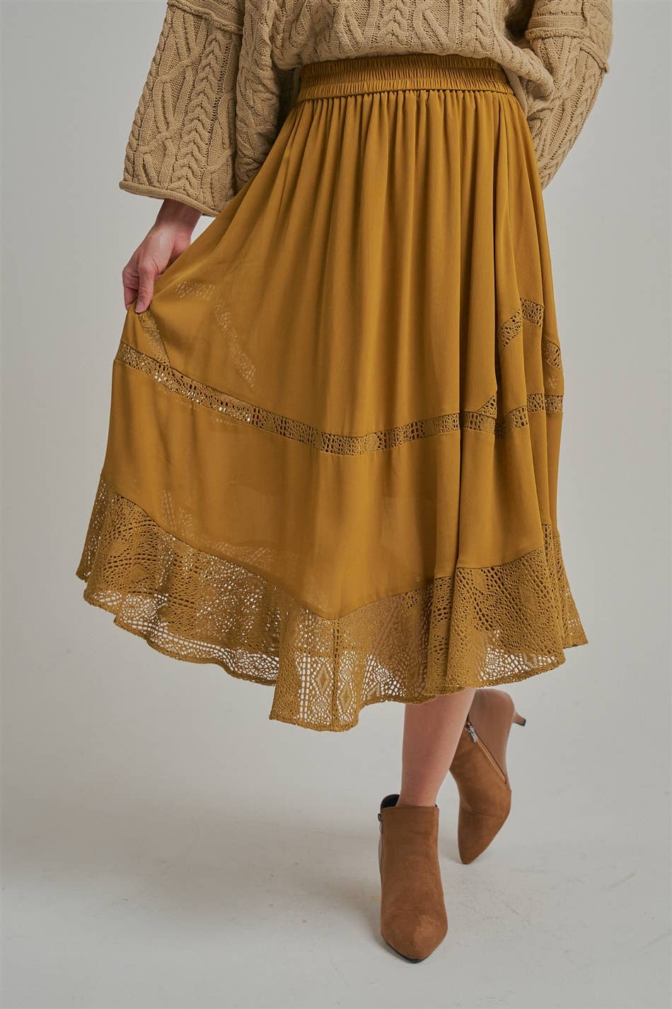 CRINKLED WOVEN BOHO MIDI SKIRT _JLB80101-01: OLIVE / S-M-L(2-2-2)
