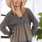 LET3678WN - MINERAL WASHED BABYDOLL TOP: OLIVE / S-M-L(2-2-2)