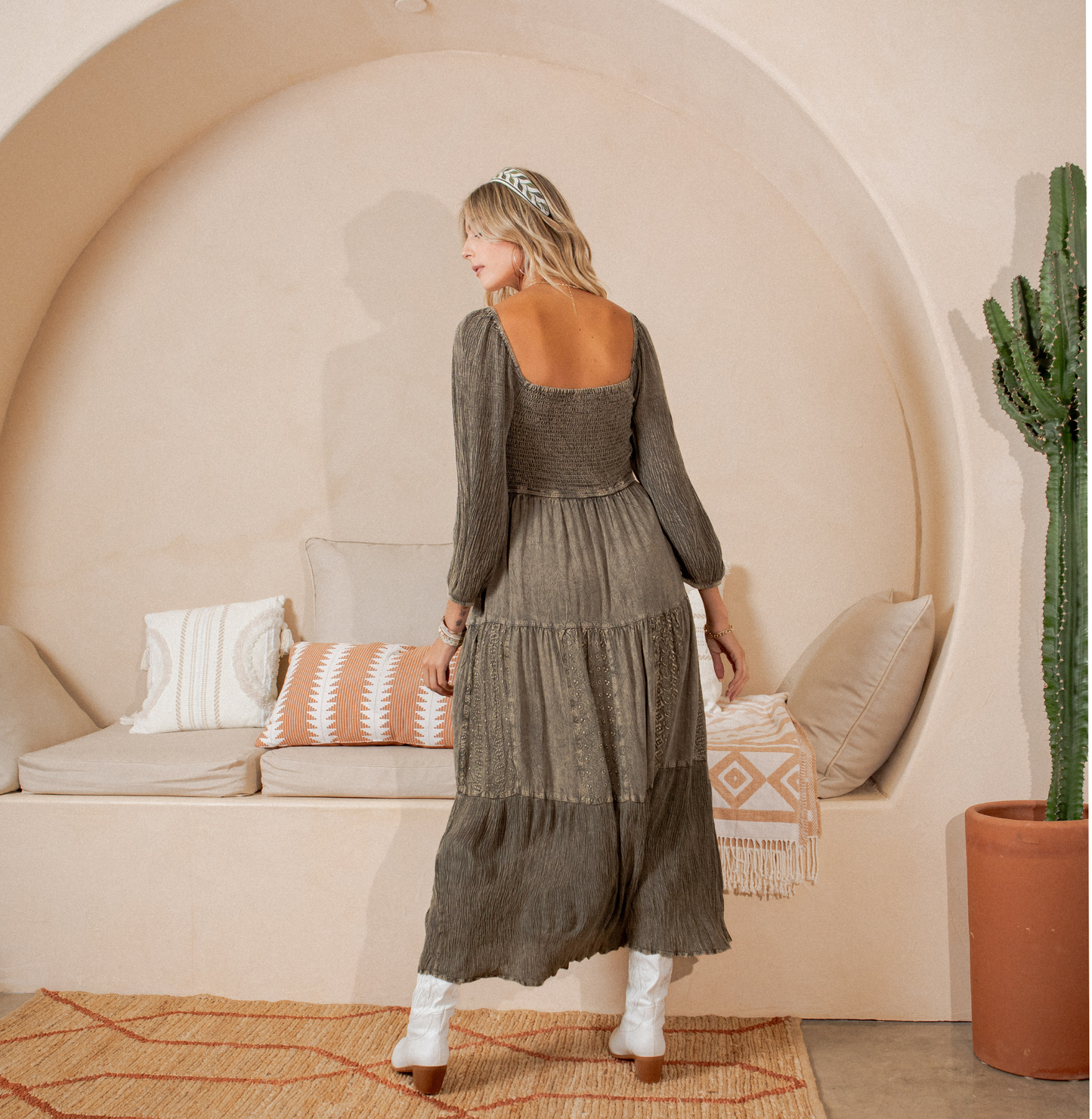 Embroidered Empire Mid-Length Dress (New Color): Amber / REGULAR (S-M-L-XL 1-2-2-1)