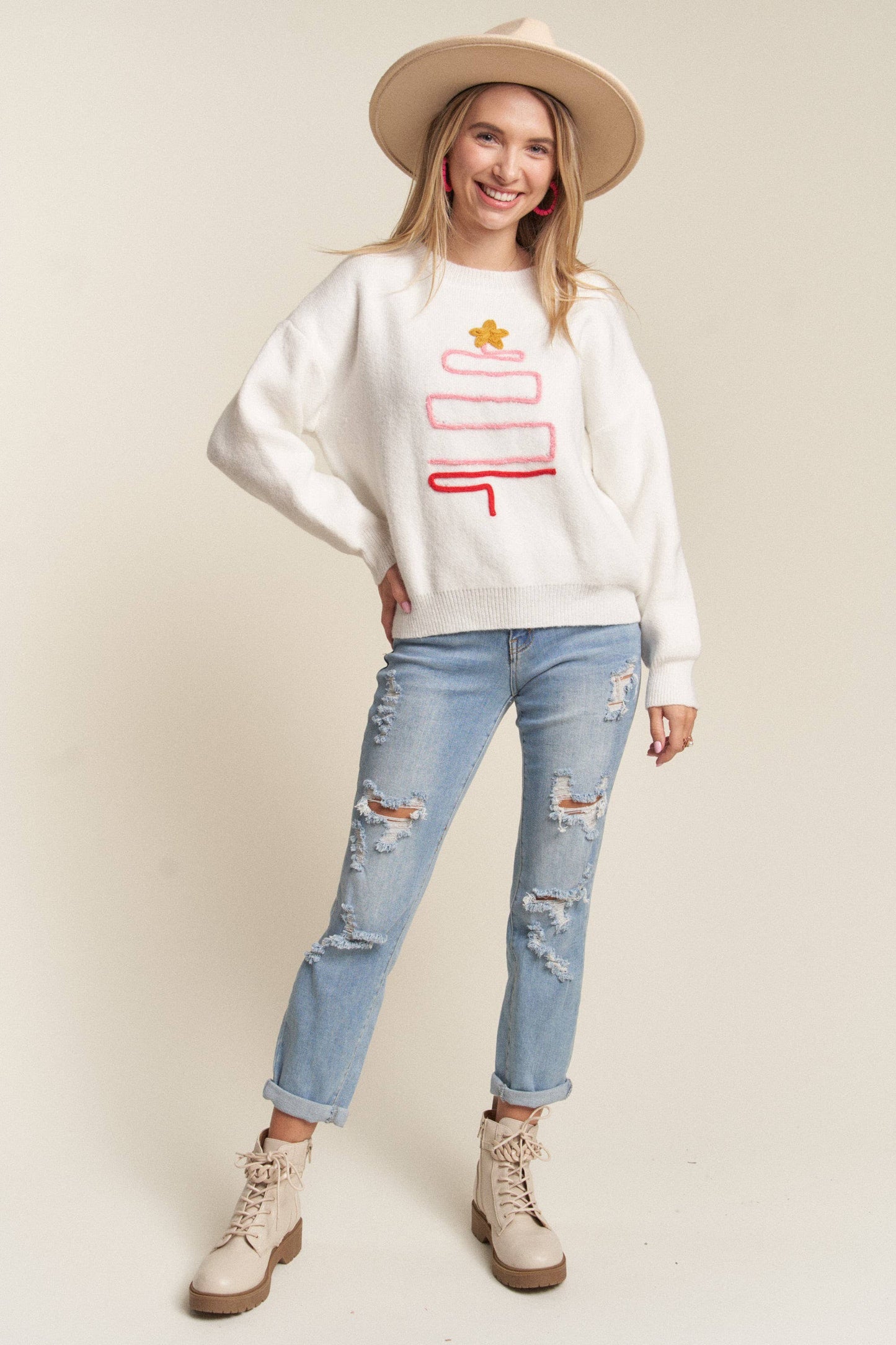 LESW3436- X-MAS TREE ACCENT SWEATER: IVORY / S-M-L(2-2-2)