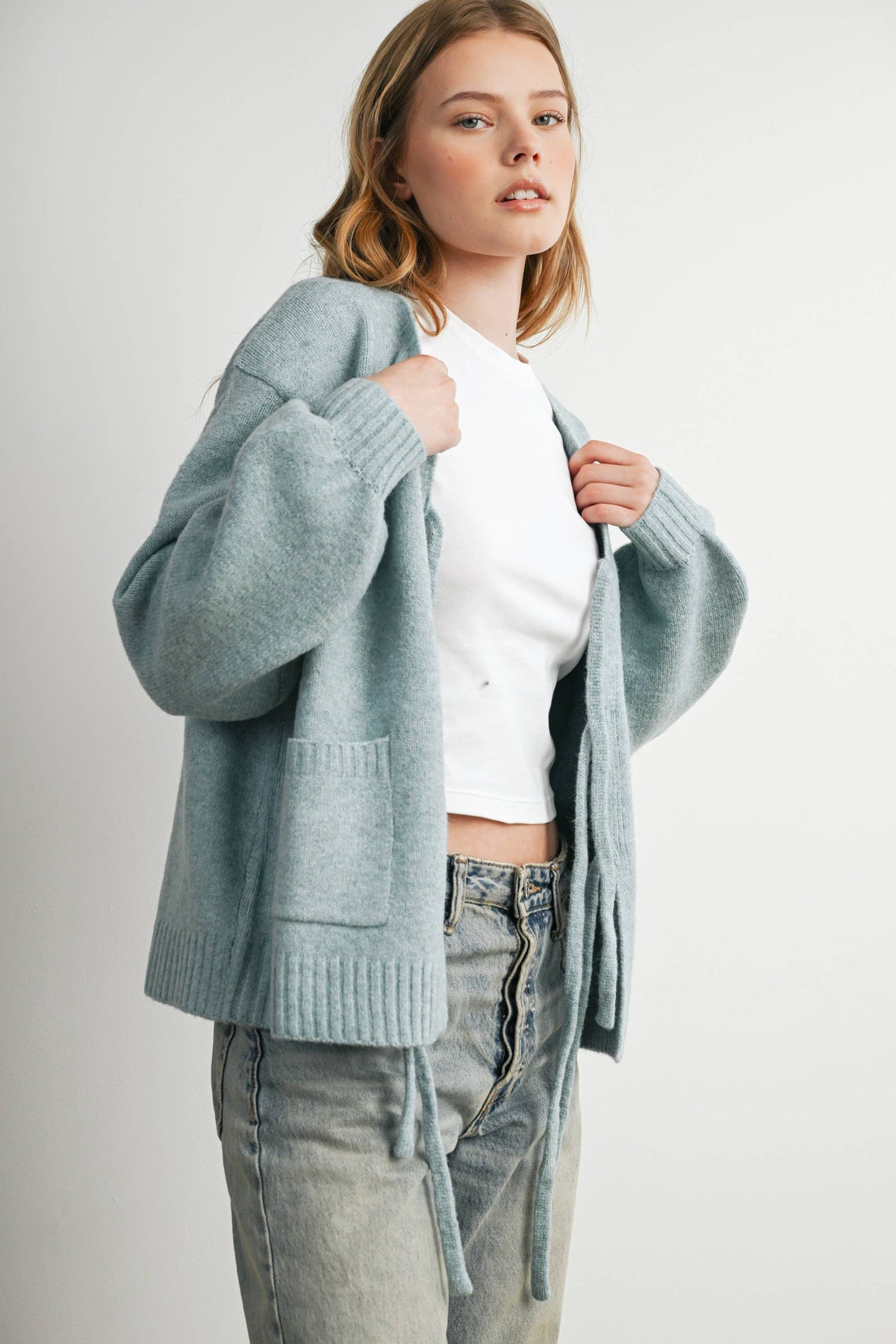Knot Front Long Sleeve V-Neck Cardigan - BMC7914: TAUPE / M