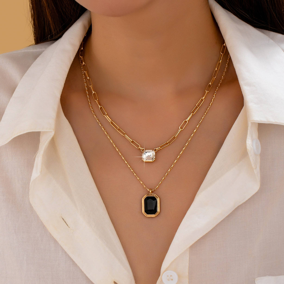 Layered Paperclip Chain Double Gemstone Necklace | 80N93798: GOLD