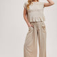 RELAXED KNIT SMOCKED TOP AND WIDE PANTS SET: Beige / S
