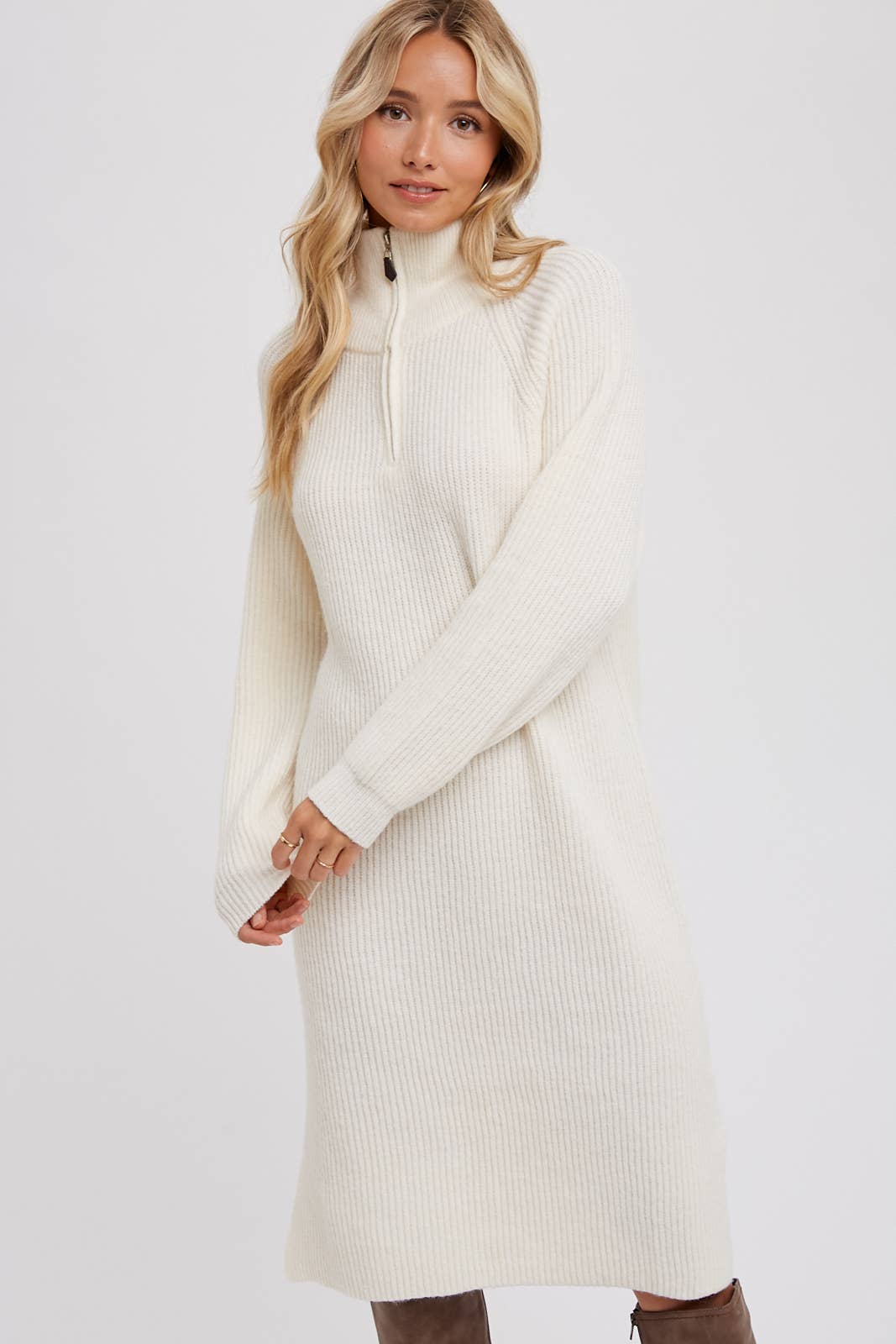 Cream Quarter-Zip Dress