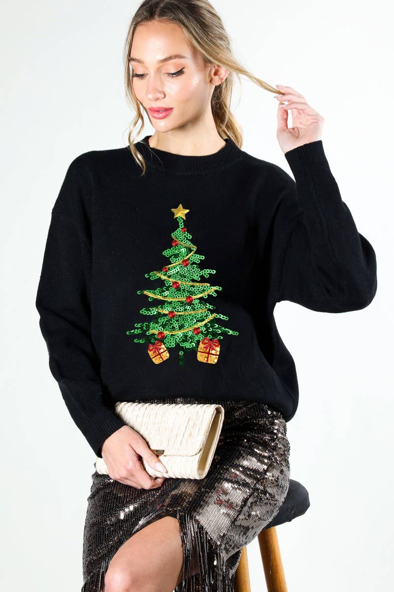 Christmas Tree Sequin Accent Knitted Sweater VT81484G: PINK / S