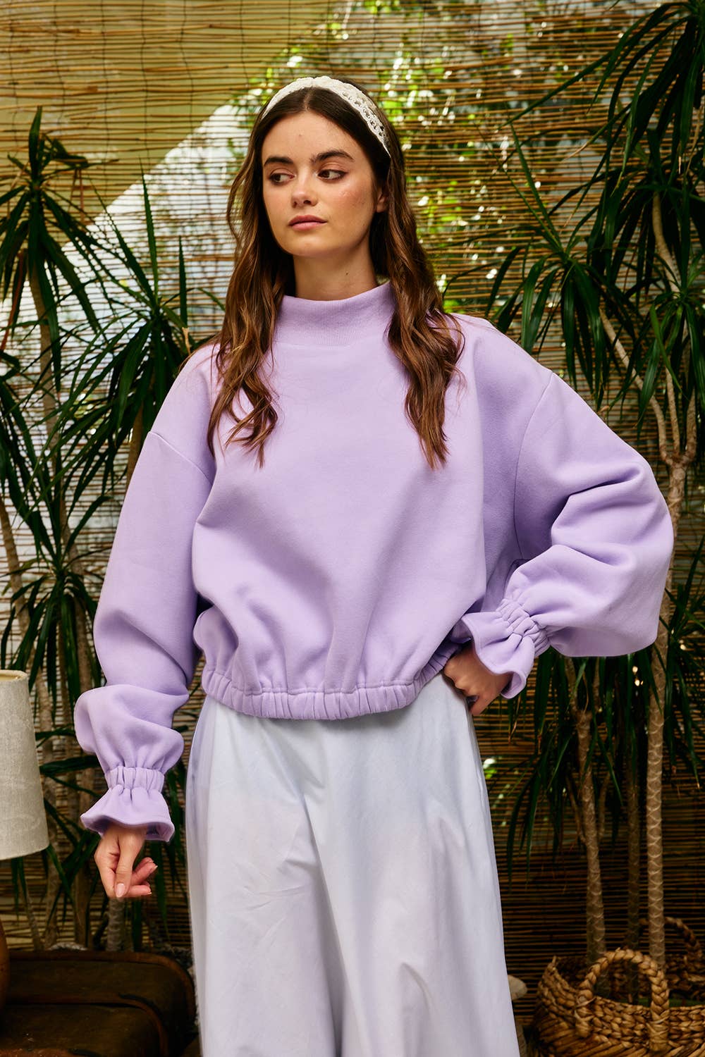 IT2995 Ruffled cuff Detail Mock-neck Crop Terry Sweatshirt: LAVENDER / S-M-L (2-2-2)