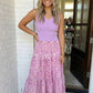 LAS V Neck Ribbed Bodice Floral Tiered Dress (S-XL): Purple / Missy / L