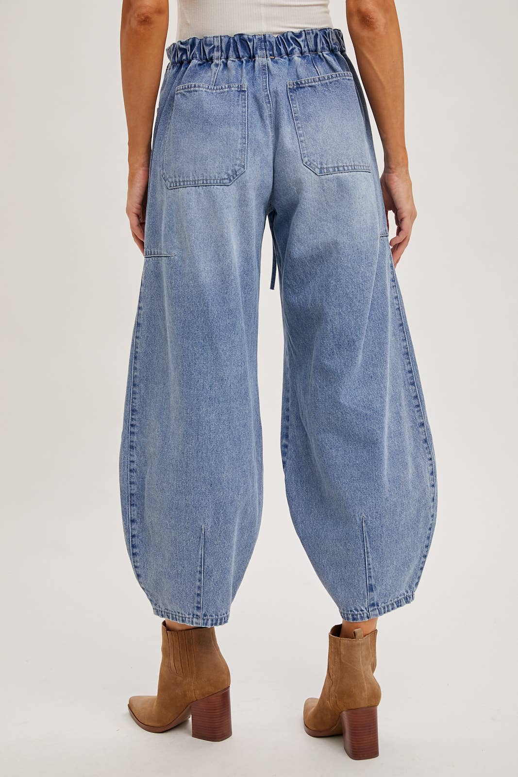DENIM MID-WAIST DRAWSTRINGS BARREL JEANS: LT.WASH / S