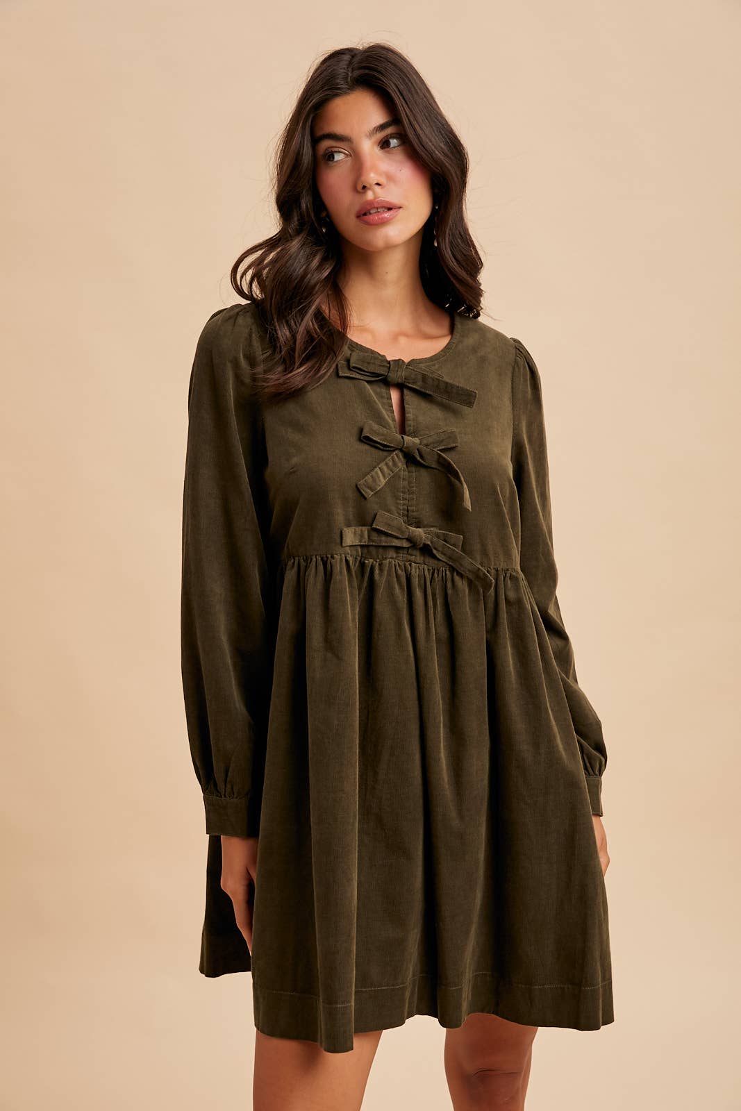 BOW TIE CORDUROY MINI DRESS: OLIVE / S