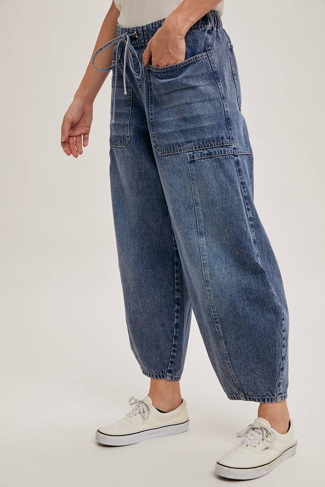 DENIM MID-WAIST DRAWSTRINGS BARREL JEANS: LT.WASH / S