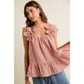 GINGHAM FLORAL APPLIQUE TIERD SLEEVELESS BLOUSE TOP: BROWN / M