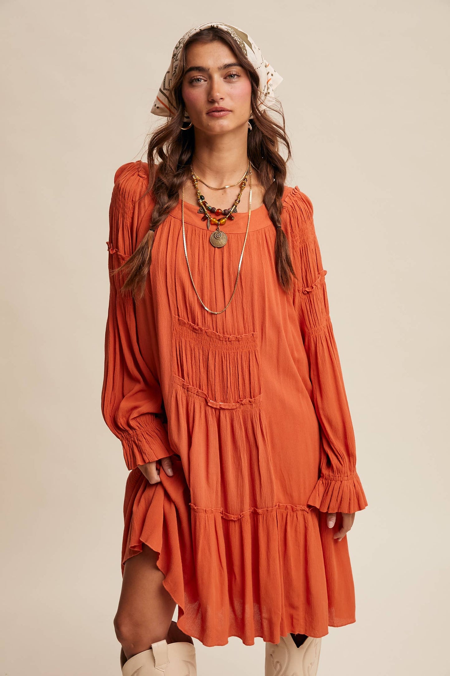Rust Smocked Tiered Dress