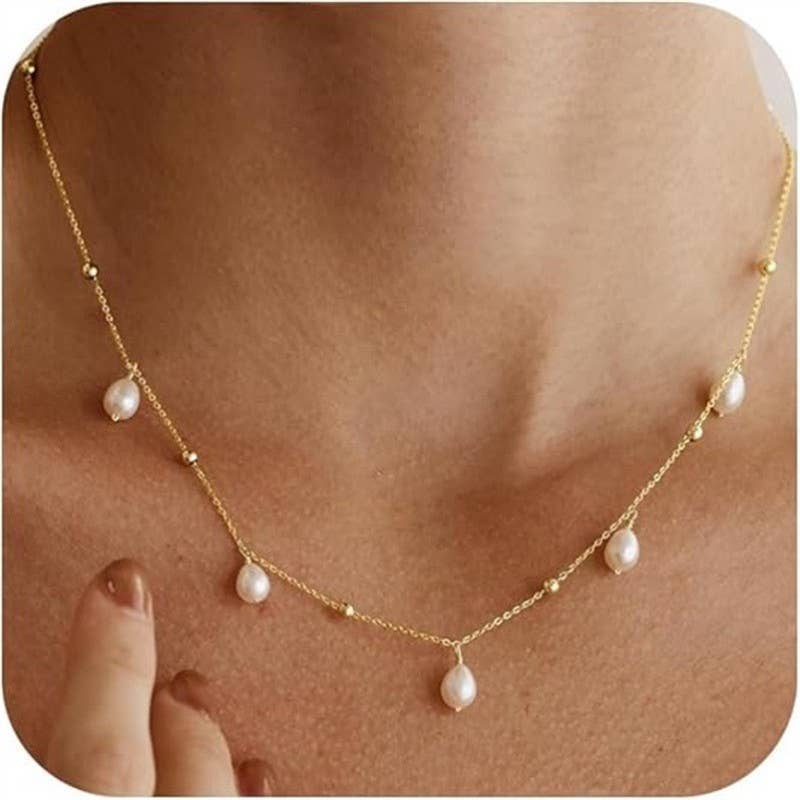 STAINLESS STEEL TARNISH FREE PEARL NECKLACE | 40NK9745: Gold