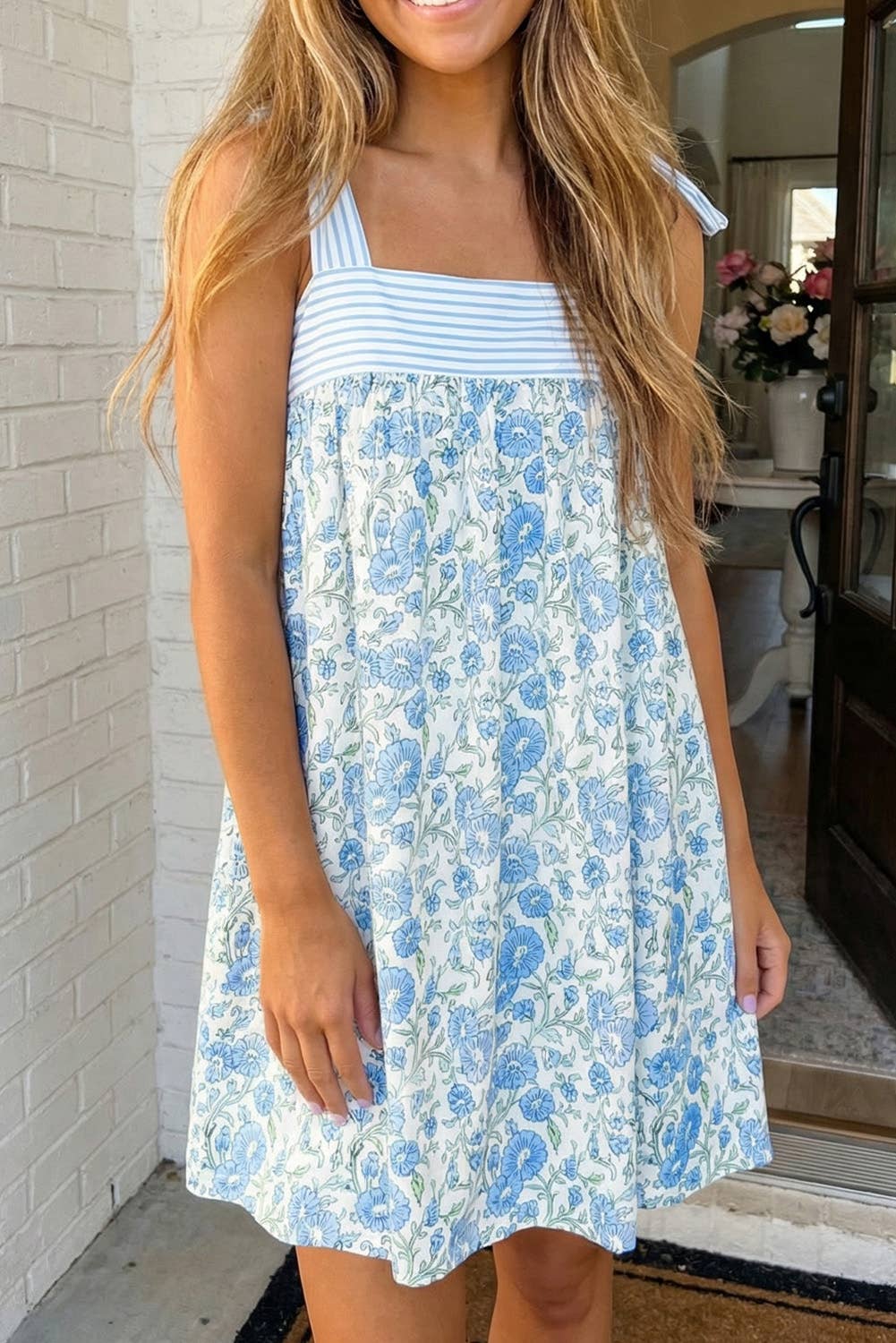 LAS Floral Stripe Patchwork Bow Knot Strap Mini Dress (S-XL): Sky Blue / Missy / L