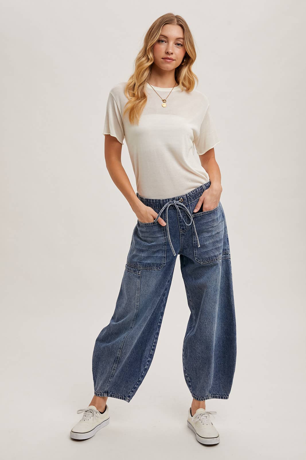 DENIM MID-WAIST DRAWSTRINGS BARREL JEANS: LT.WASH / S